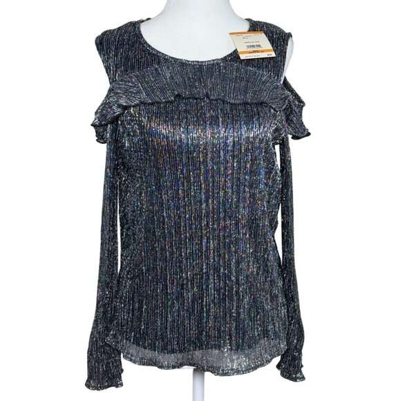 NEW Anne Klein Size S Metallic Black & Silver Cold-Shoulder Top Sleeve Ruffle - Picture 1 of 13